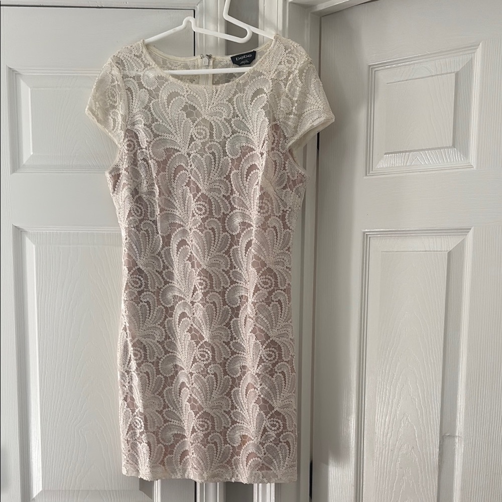 bebe Cream Lace Mini Dress with Blush Underlay